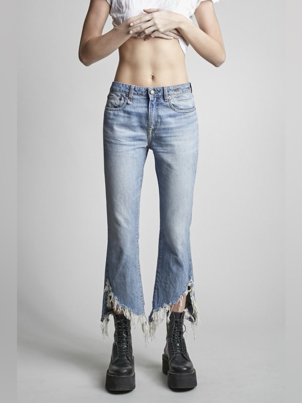 R13 Kick Fit Torn Straight Jeans 30 Mason Blue Denim Raw Hem Minimalist NWT